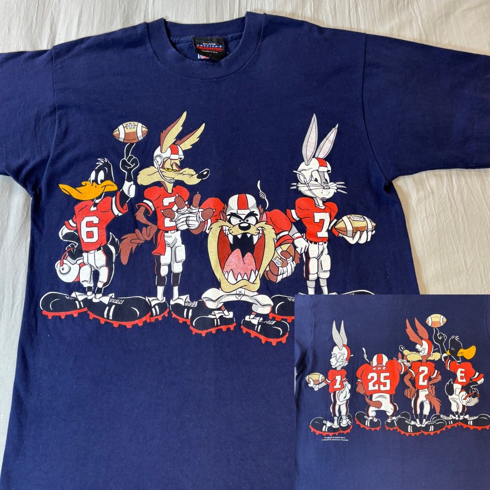 Vintage 1993 Looney Tunes Football team T-Shirt Blue large Bugs Bunny Taz